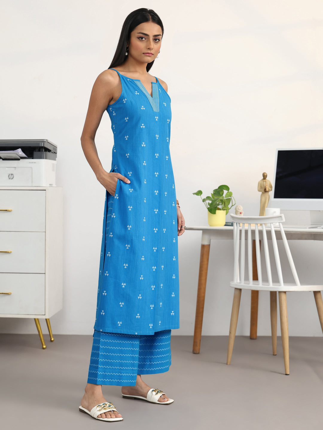 Libas Blue Ethnic Motifs Woven Design Cotton Blend A-Line Kurta Set