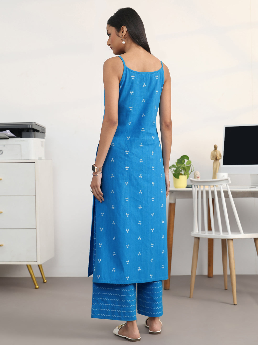 Libas Blue Ethnic Motifs Woven Design Cotton Blend A-Line Kurta Set