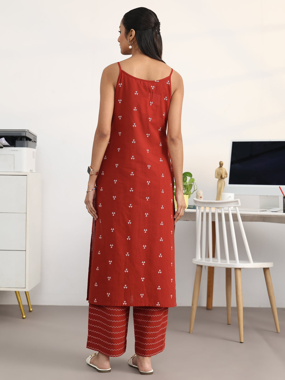 Libas Red Ethnic Motifs Woven Design Cotton Blend A-Line Kurta Set