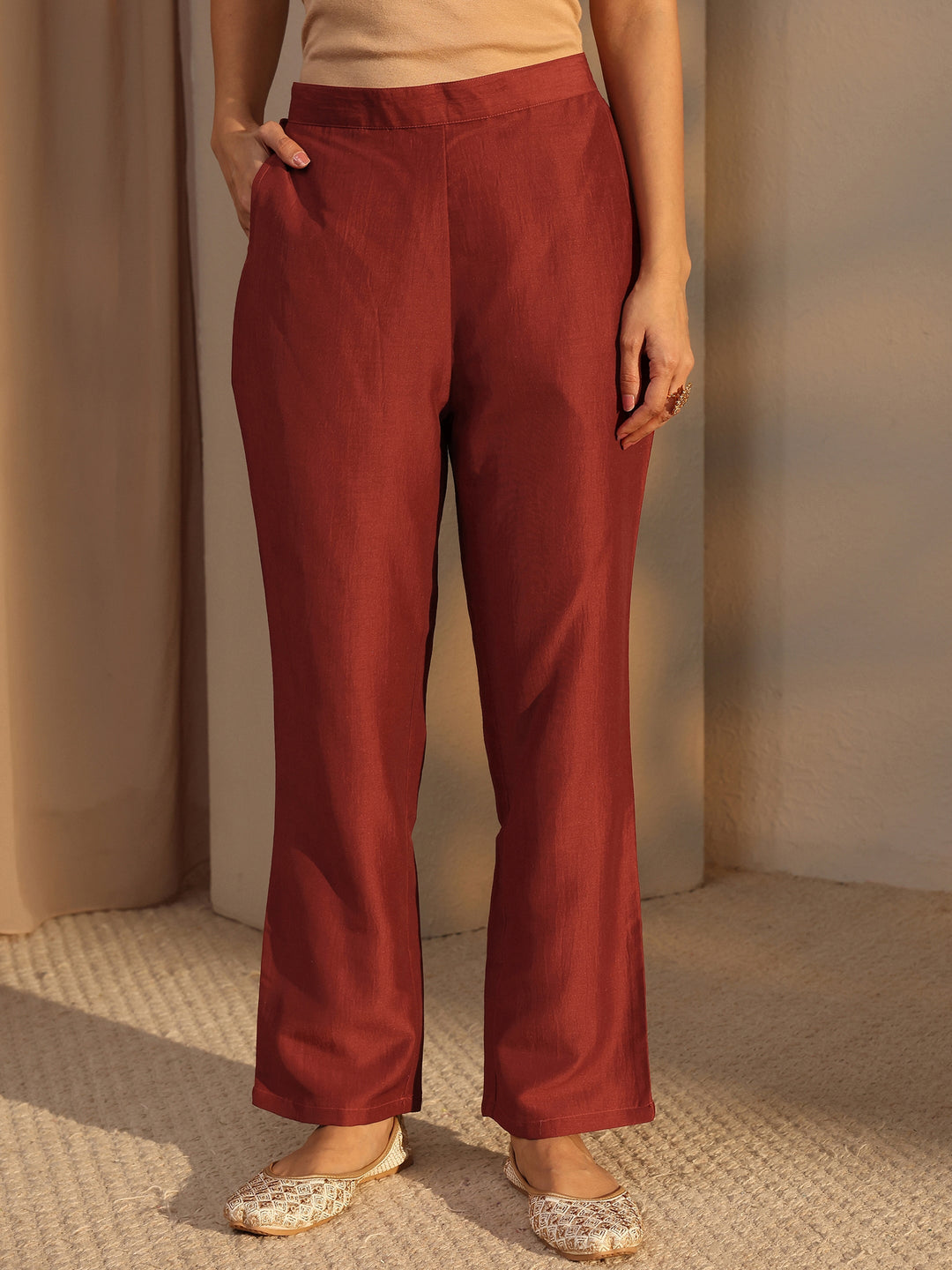 Rust Mirror Work Yoke Design Silk Blend Straight Kurta Set