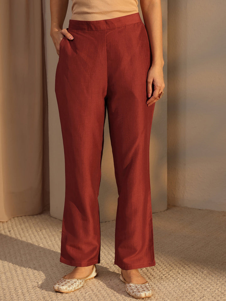Rust Mirror Work Yoke Design Silk Blend Straight Kurta Set