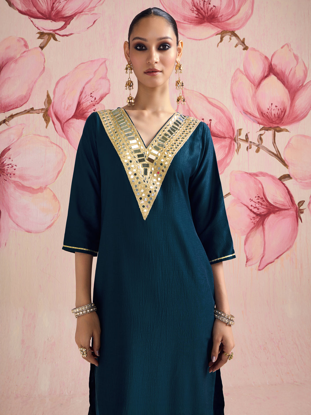 Libas Aprajita Navy Blue Mirror Work Yoke Design Silk Blend Straight Kurta Set