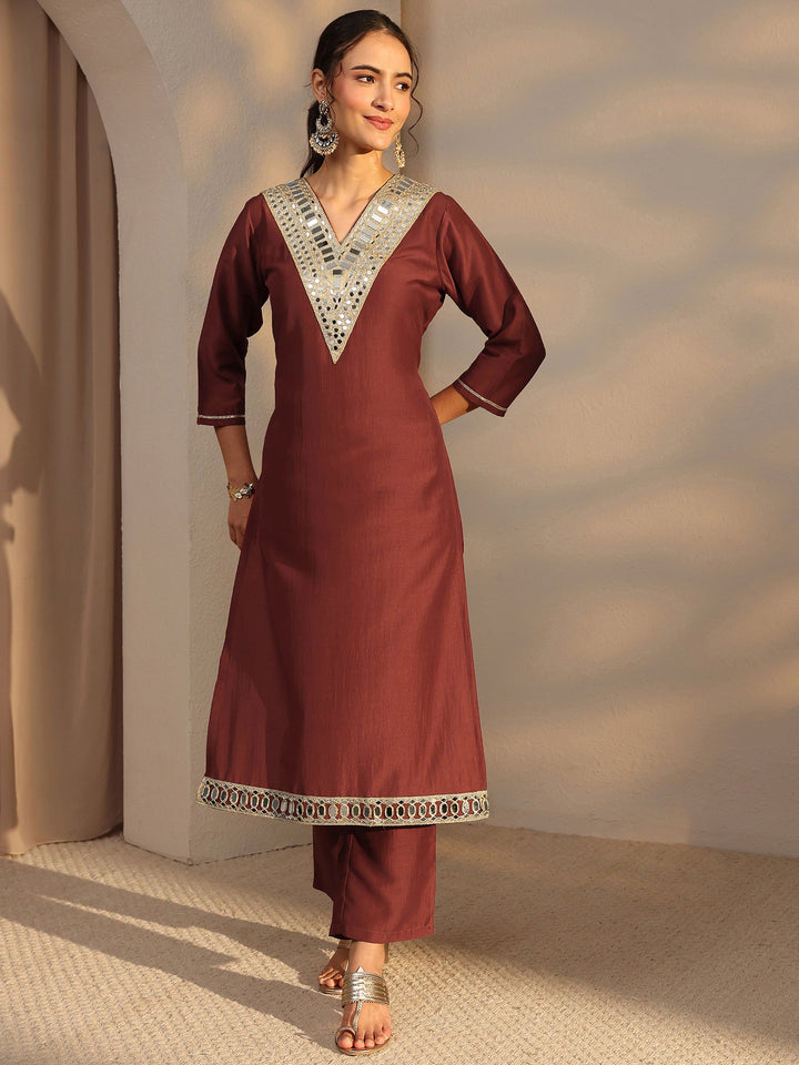 Rust Mirror Work Yoke Design Silk Blend Straight Kurta Set