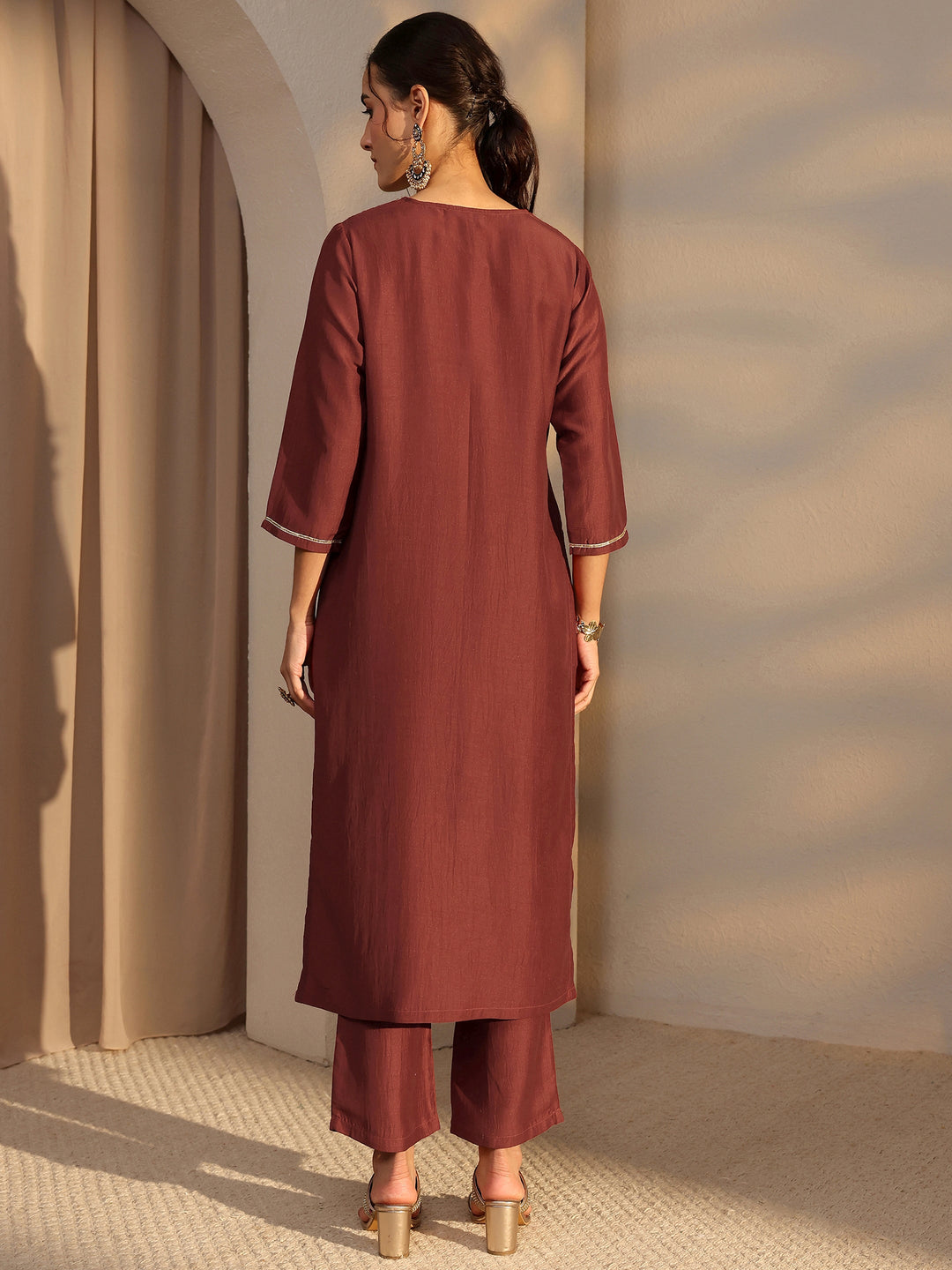 Rust Mirror Work Yoke Design Silk Blend Straight Kurta Set