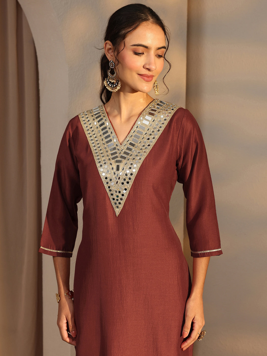 Rust Mirror Work Yoke Design Silk Blend Straight Kurta Set