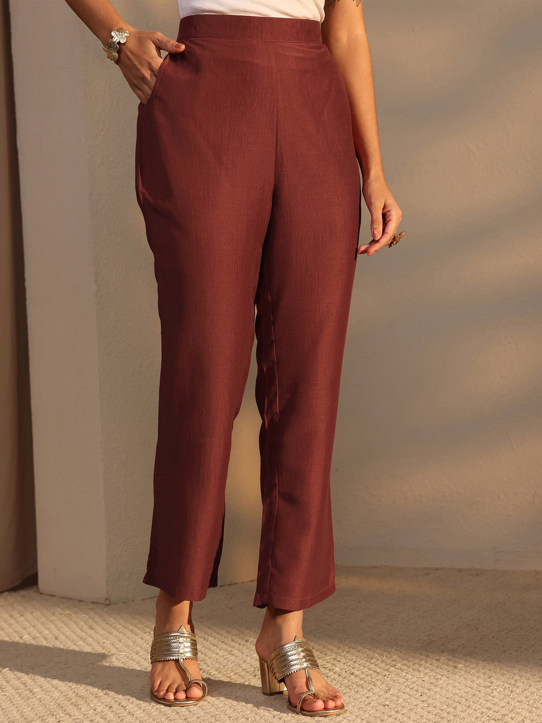 Rust Mirror Work Yoke Design Silk Blend Straight Kurta Set