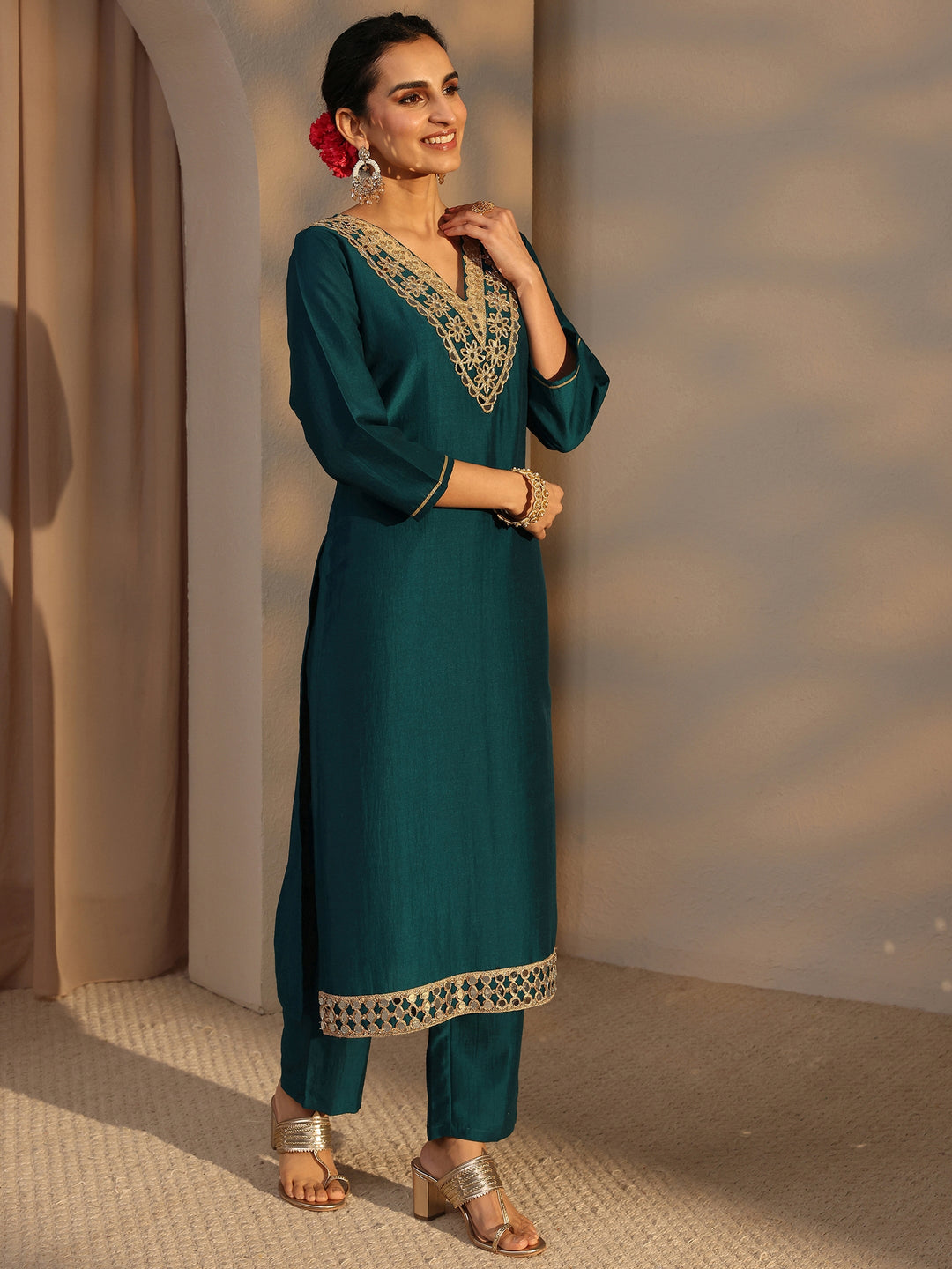 Teal Embroidered Silk Blend Straight Kurta Set
