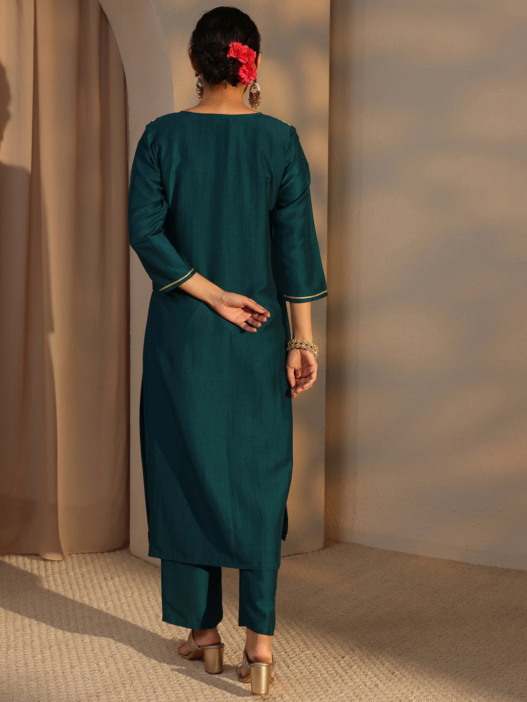 Teal Embroidered Silk Blend Straight Kurta Set