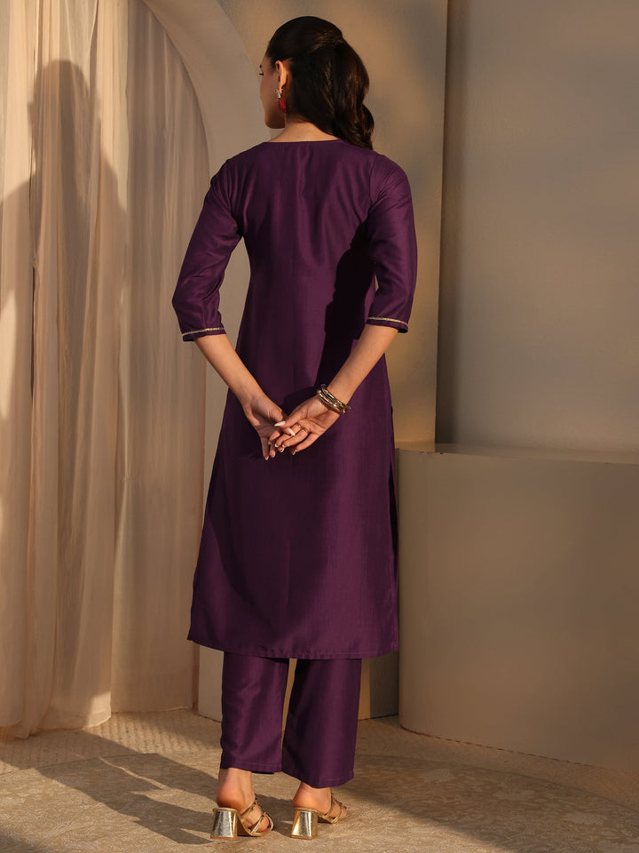 Burgundy Mirror Work Yoke Design Silk Blend Straight Kurta Set
