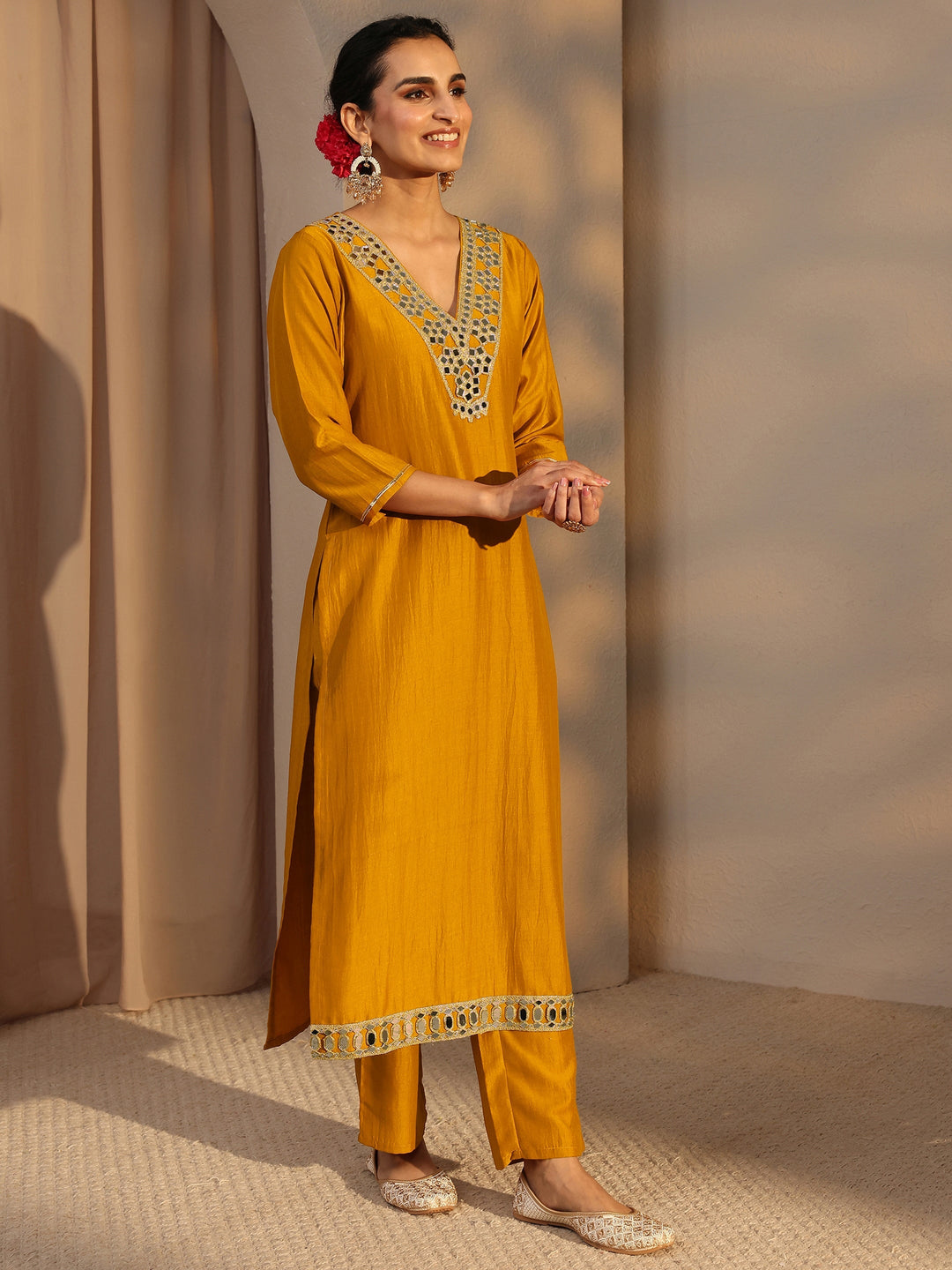 Mustard Mirror Work Yoke Design Silk Blend Straight Kurta Set