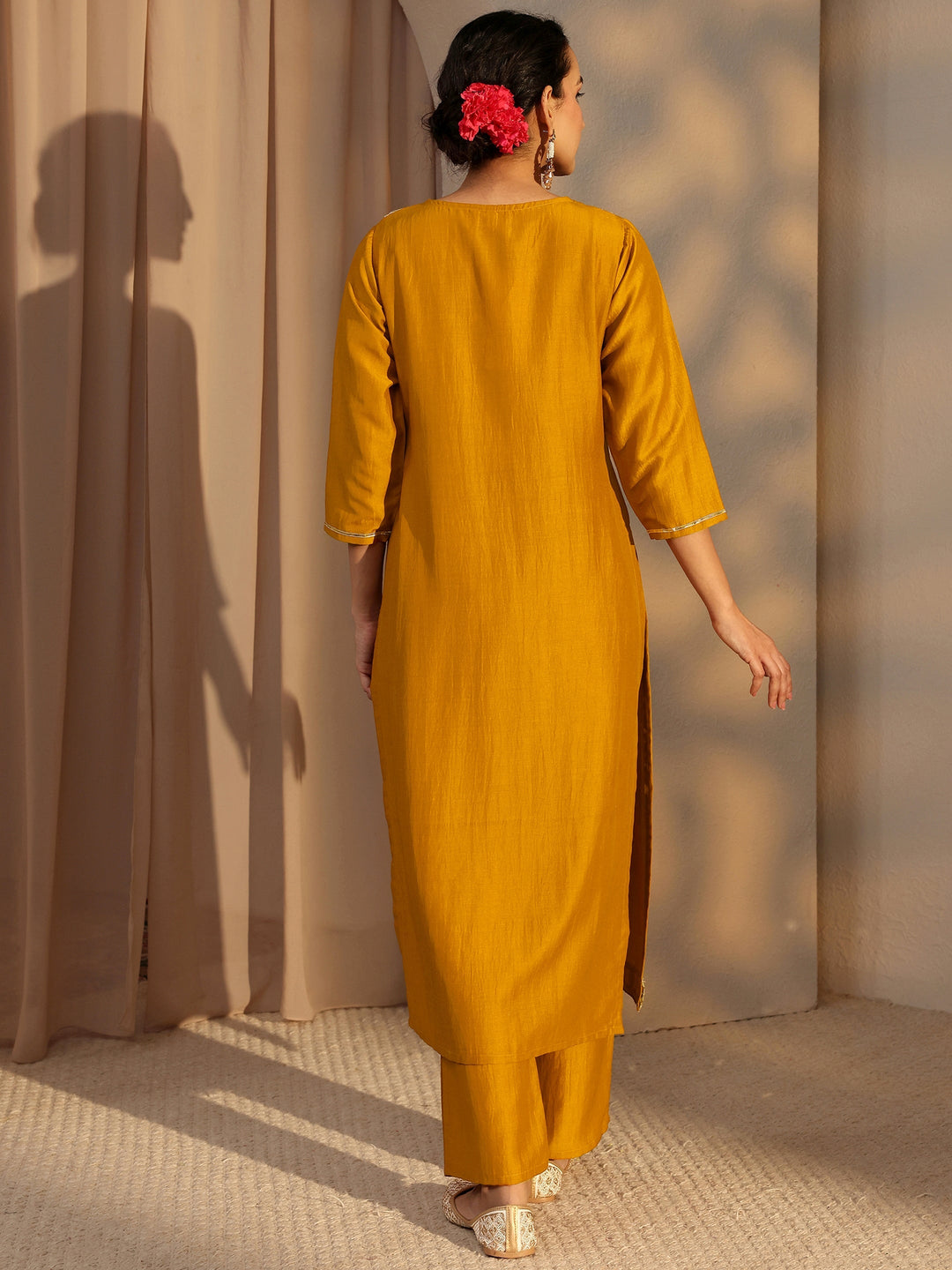 Mustard Mirror Work Yoke Design Silk Blend Straight Kurta Set