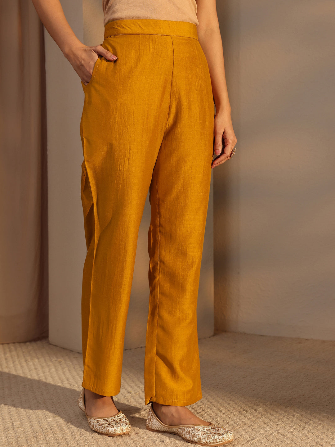 Mustard Mirror Work Yoke Design Silk Blend Straight Kurta Set