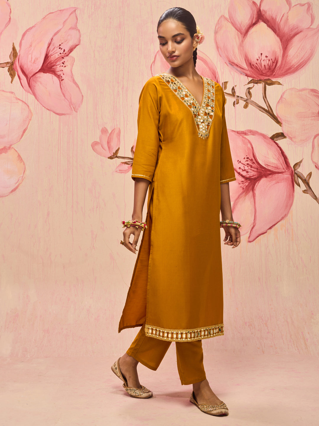 Libas Kaner Mustard Mirror Work Yoke Design Silk Blend Straight Kurta Set