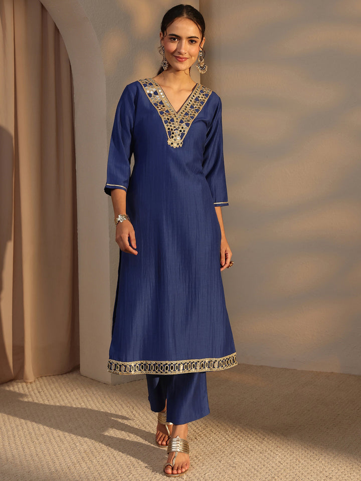 Blue Mirror Work Yoke Design Silk Blend Straight Kurta Set