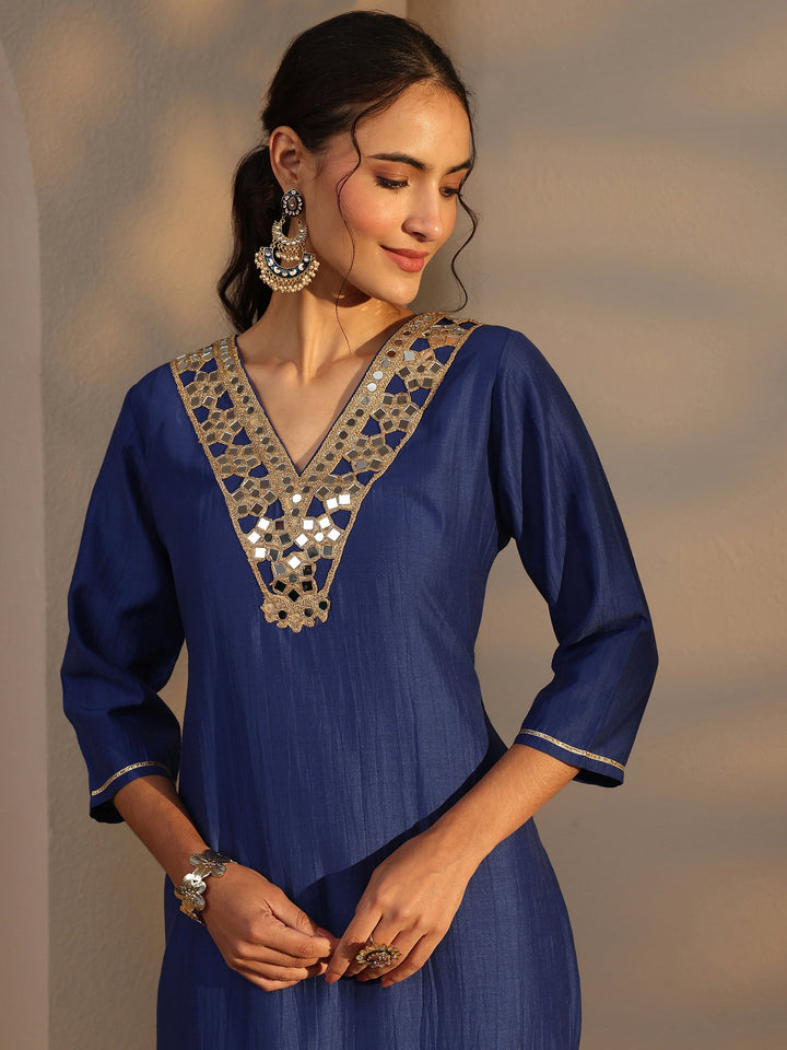 Blue Mirror Work Yoke Design Silk Blend Straight Kurta Set