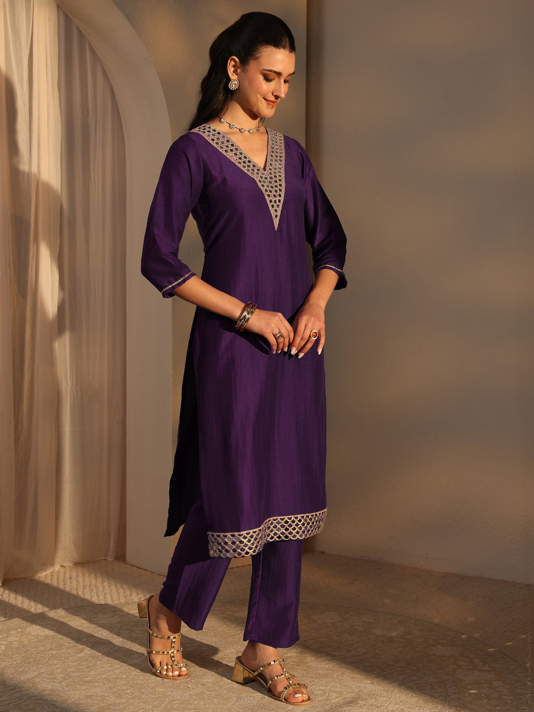 Purple Mirror Work Yoke Design Silk Blend Straight Kurta Set