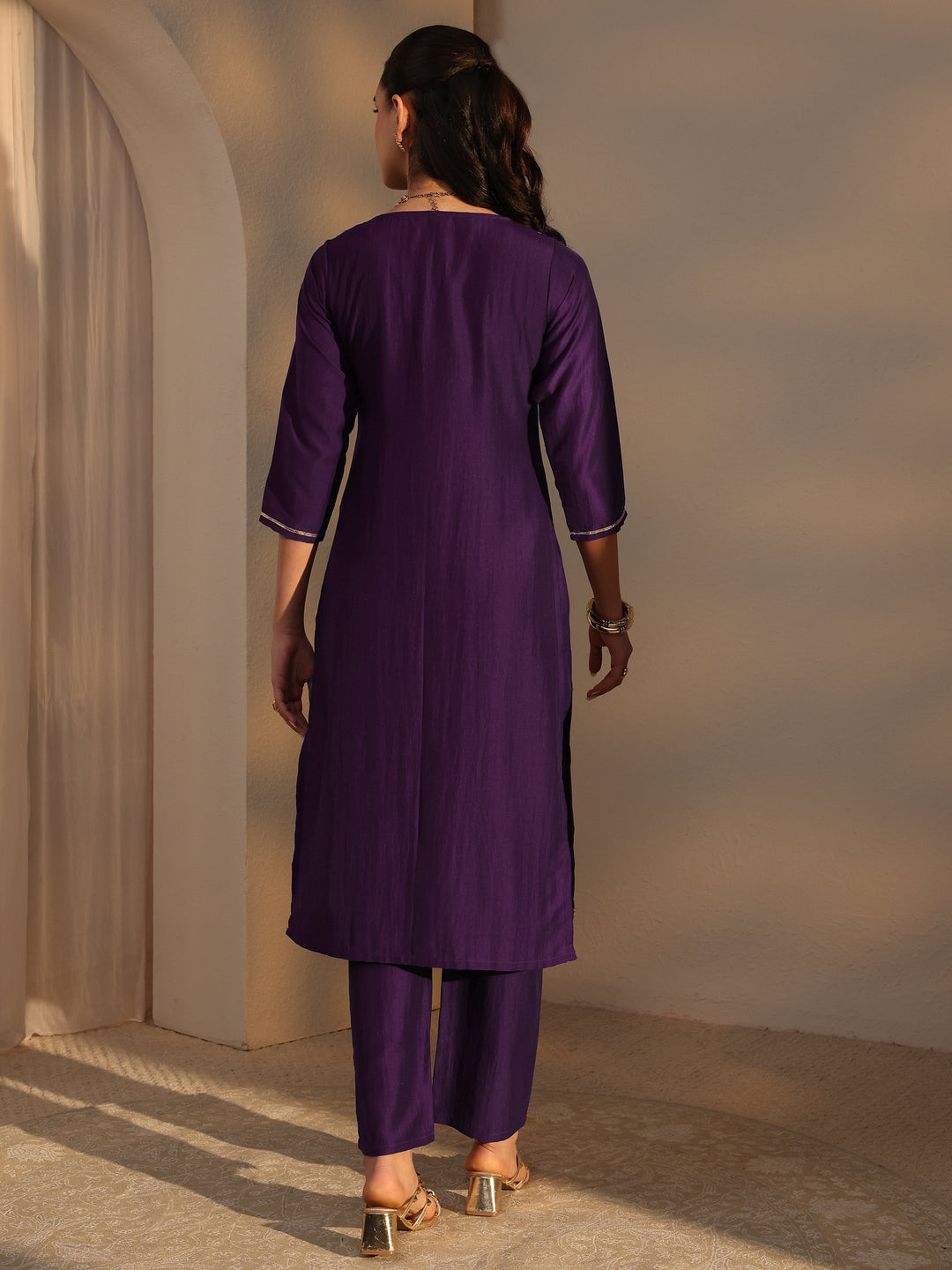 Purple Mirror Work Yoke Design Silk Blend Straight Kurta Set