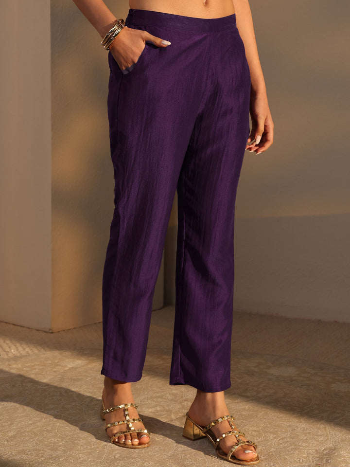 Purple Mirror Work Yoke Design Silk Blend Straight Kurta Set