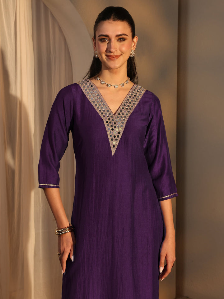 Purple Mirror Work Yoke Design Silk Blend Straight Kurta Set