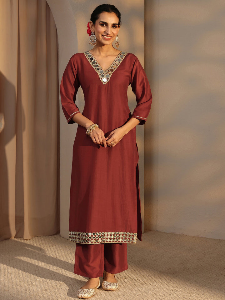 Rust Embellished Silk Blend Straight Kurta Set