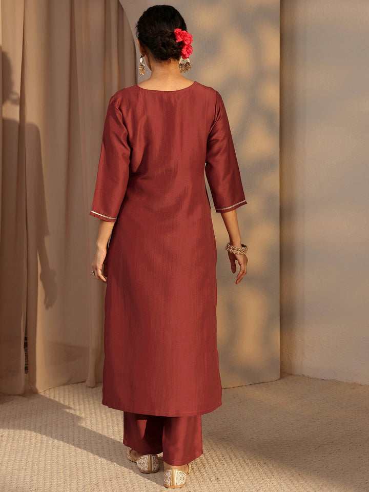 Rust Embellished Silk Blend Straight Kurta Set