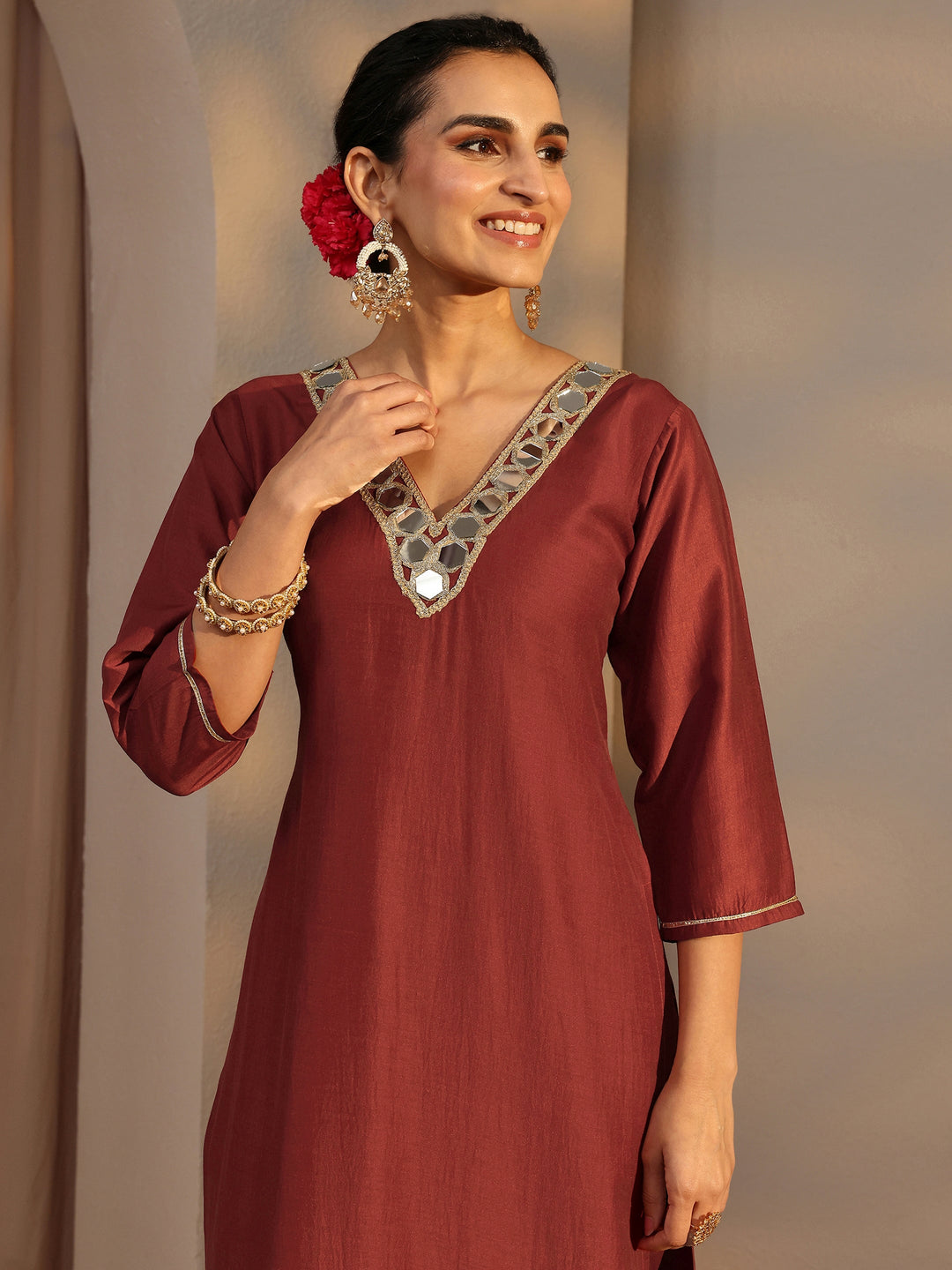 Rust Embellished Silk Blend Straight Kurta Set