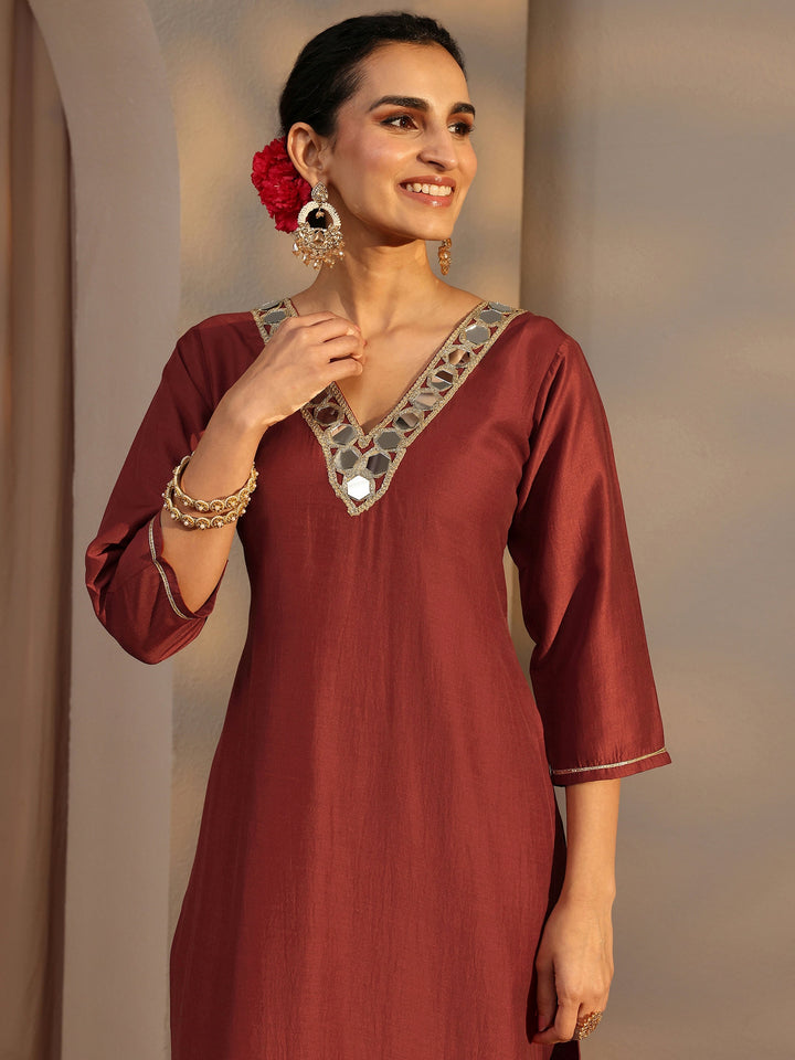 Rust Embellished Silk Blend Straight Kurta Set