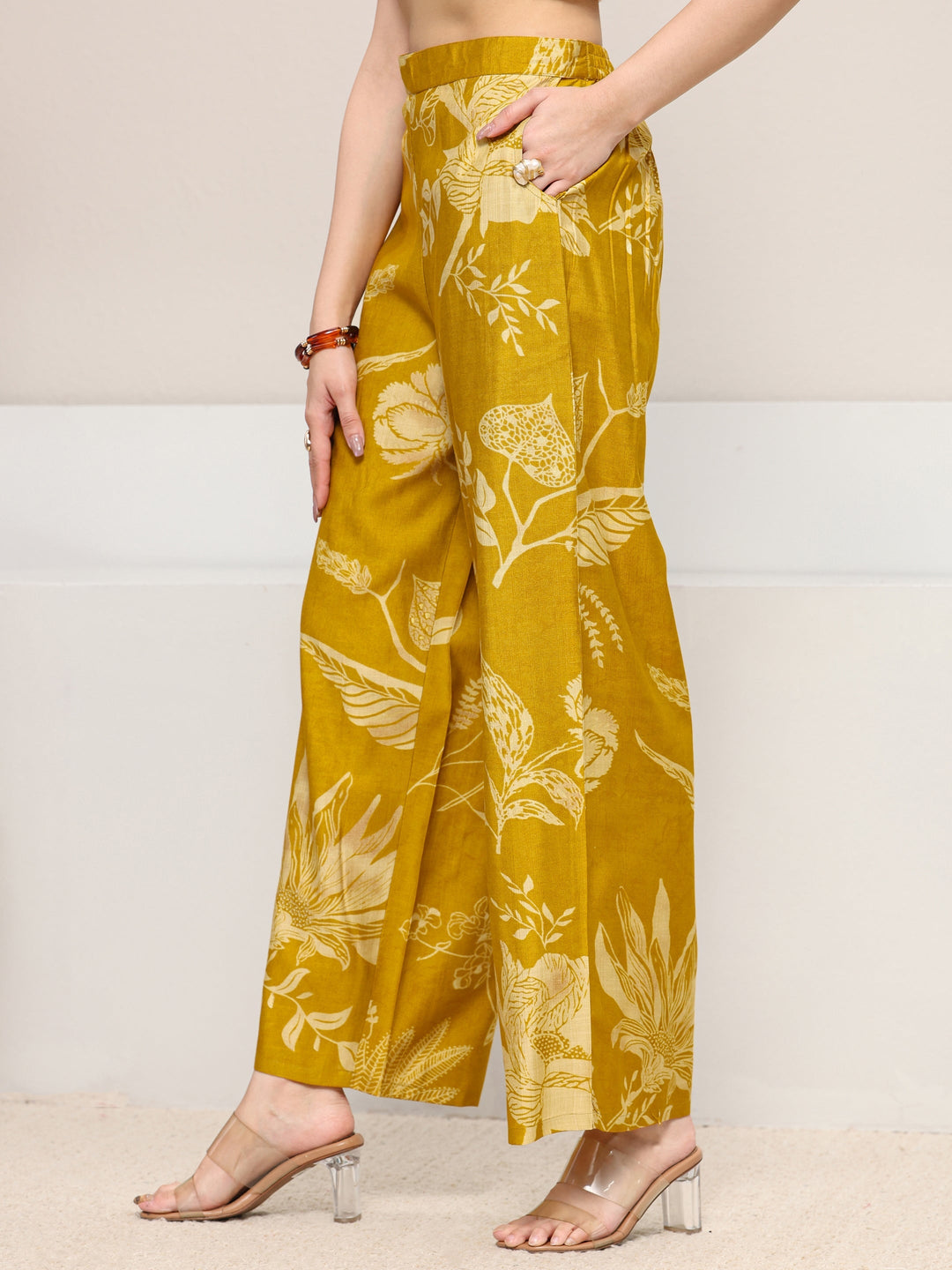 Mustard Floral Printed Silk Blend A-Line Kurta Set