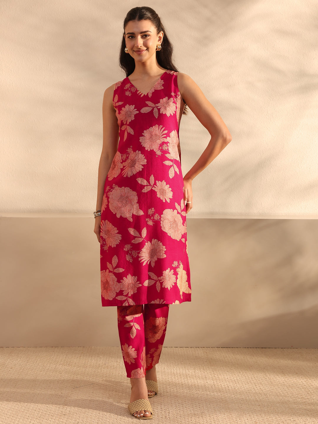 Pink Floral Printed Silk Blend Straight Kurta Set