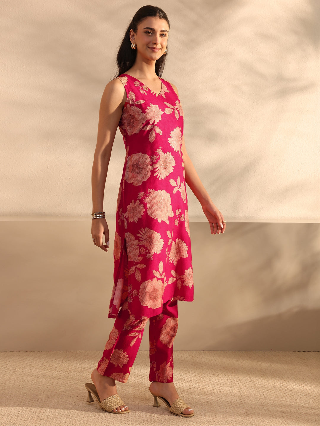 Pink Floral Printed Silk Blend Straight Kurta Set