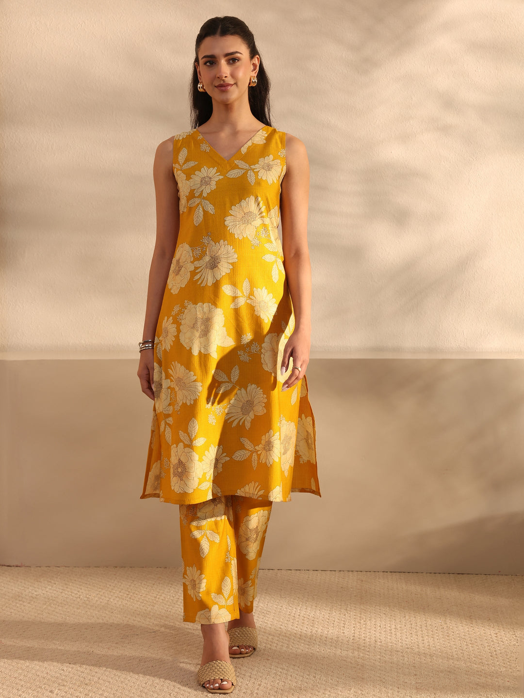 Mustard Floral Printed Silk Blend Straight Kurta Set