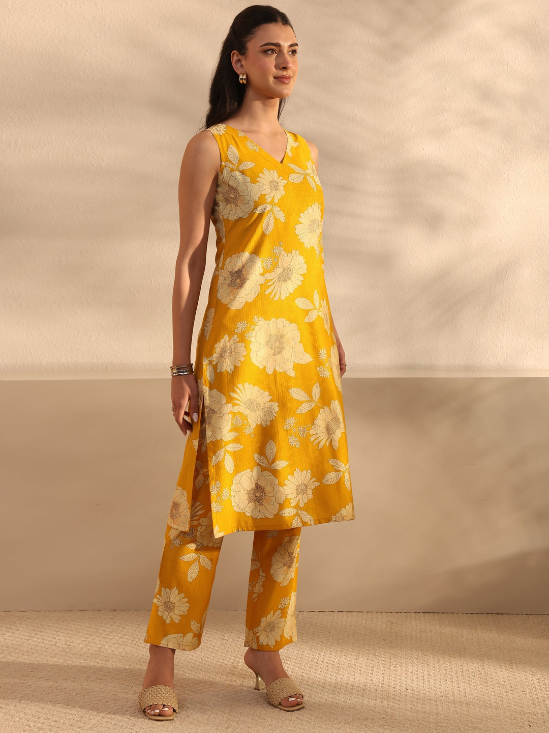 Mustard Floral Printed Silk Blend Straight Kurta Set