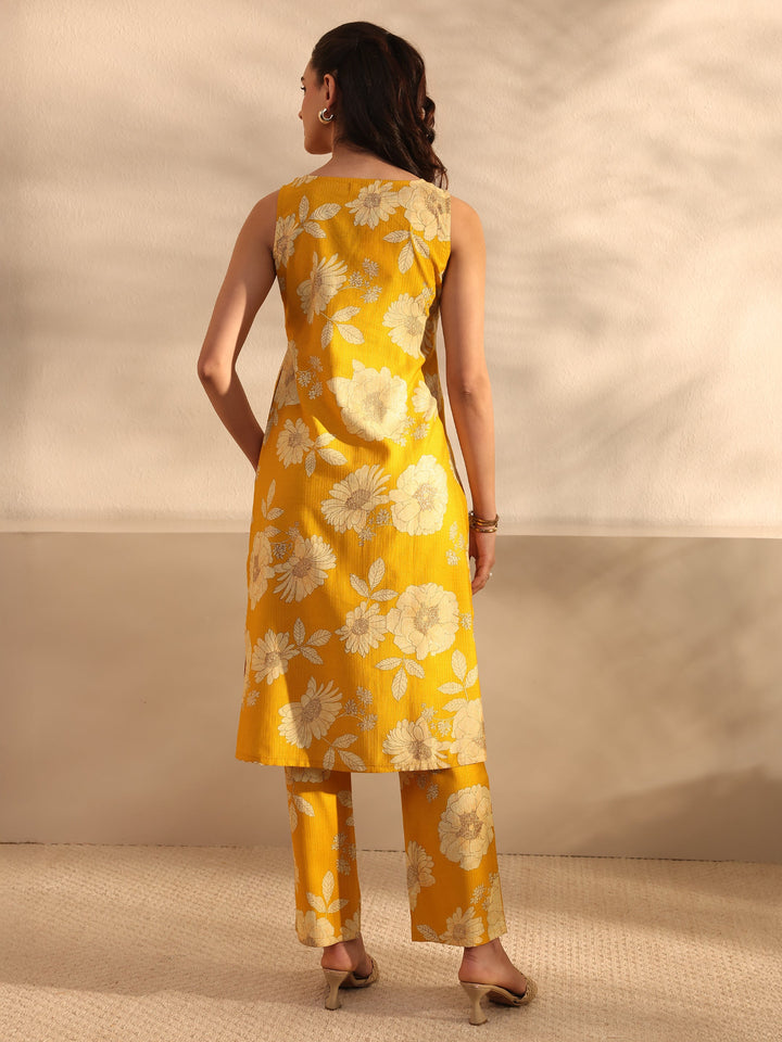 Mustard Floral Printed Silk Blend Straight Kurta Set