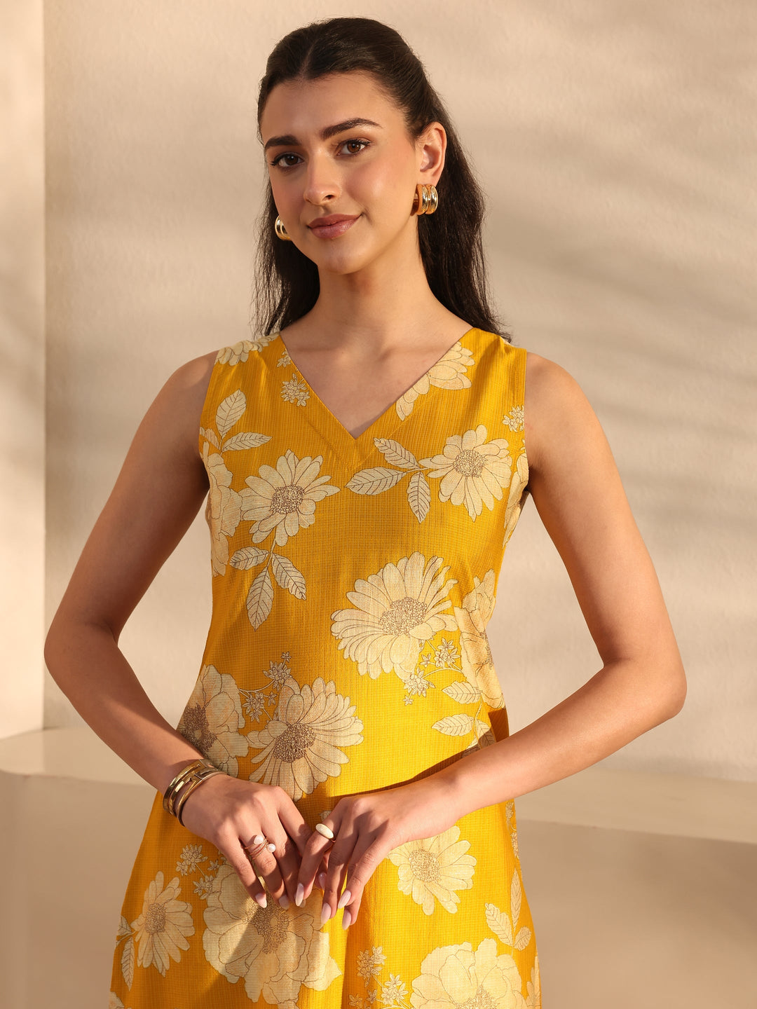 Mustard Floral Printed Silk Blend Straight Kurta Set