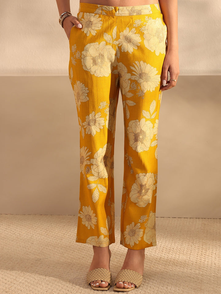 Mustard Floral Printed Silk Blend Straight Kurta Set