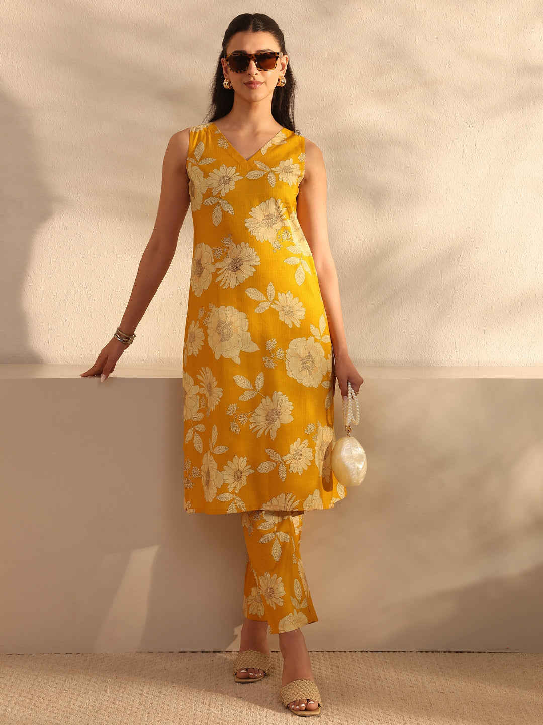 Mustard Floral Printed Silk Blend Straight Kurta Set