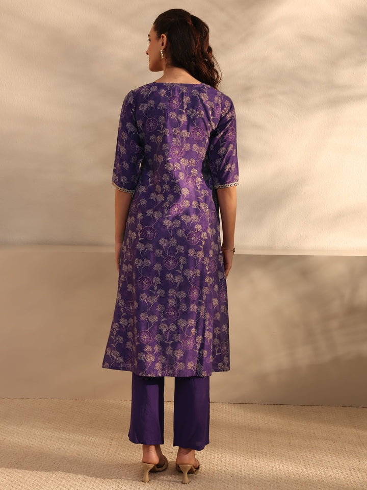 Purple Floral Printed Silk Blend Straight Kurta Set