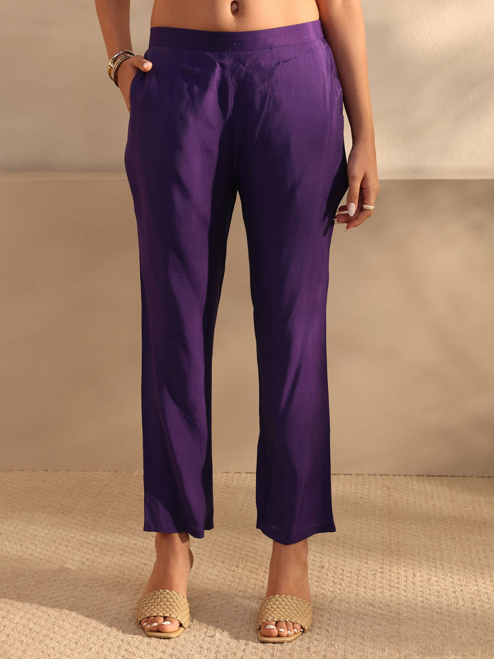 Purple Floral Printed Silk Blend Straight Kurta Set