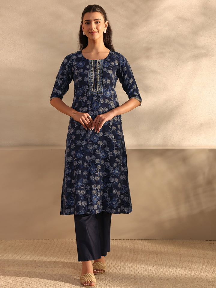 Navy Blue Floral Printed Silk Blend Straight Kurta Set