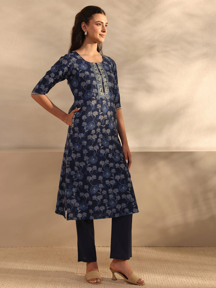 Navy Blue Floral Printed Silk Blend Straight Kurta Set