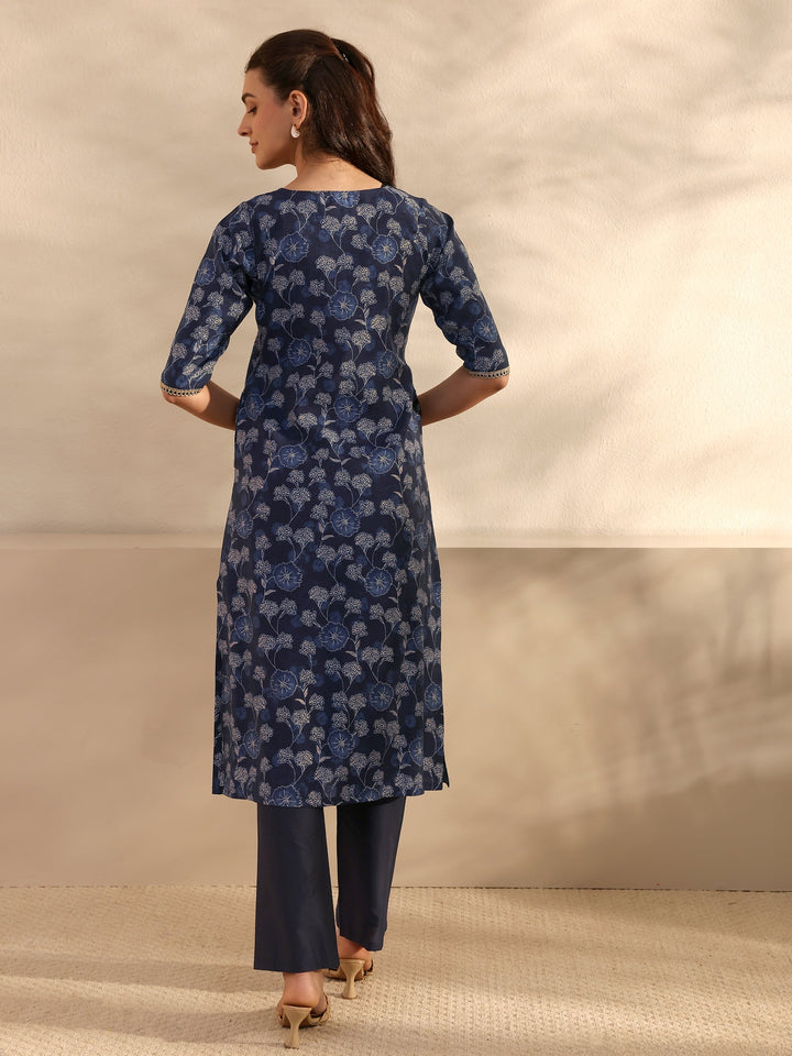 Navy Blue Floral Printed Silk Blend Straight Kurta Set