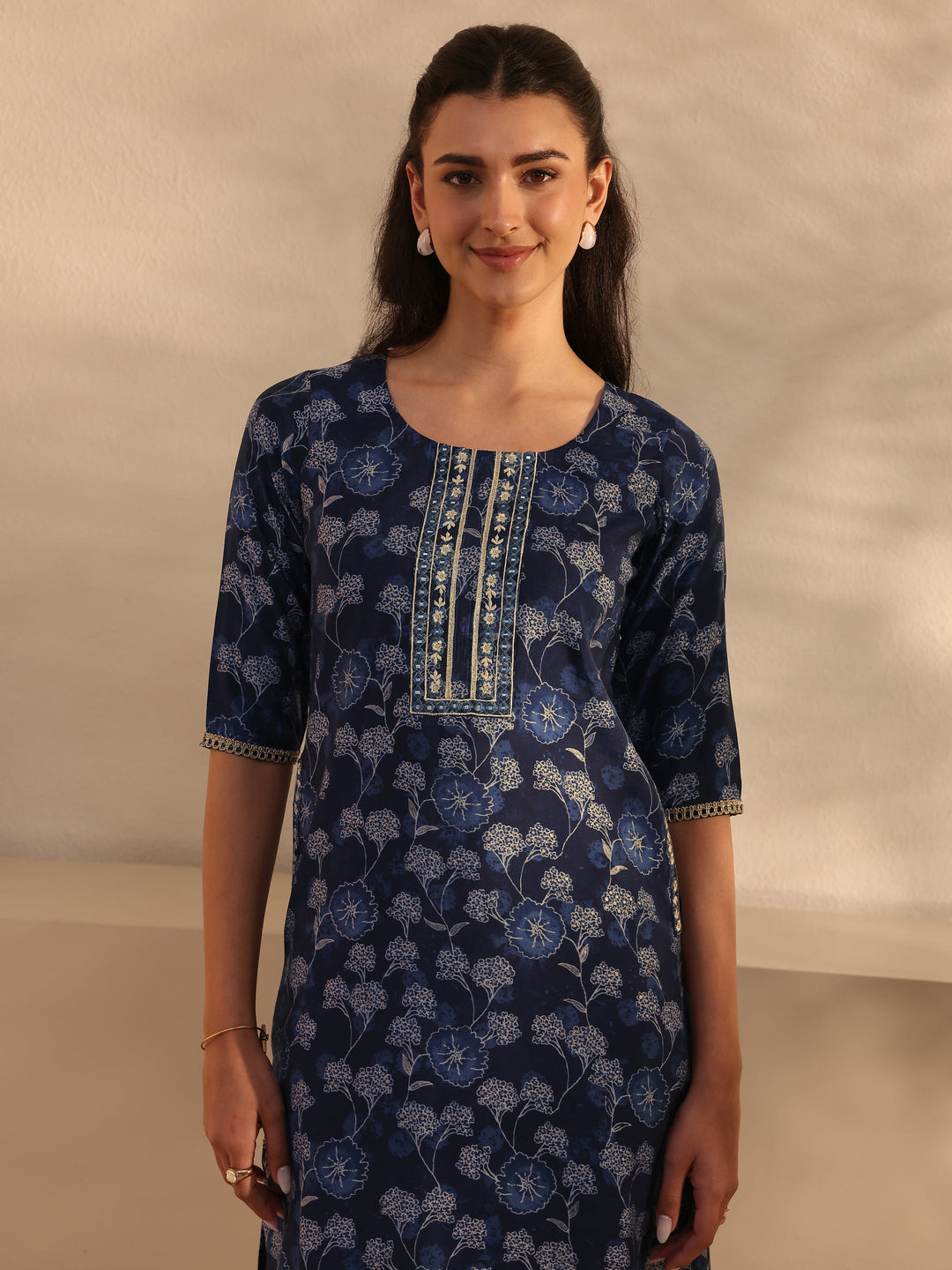 Navy Blue Floral Printed Silk Blend Straight Kurta Set
