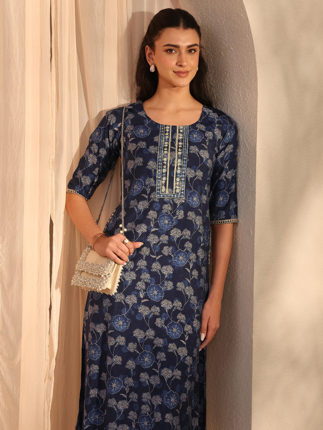 Navy Blue Floral Printed Silk Blend Straight Kurta Set