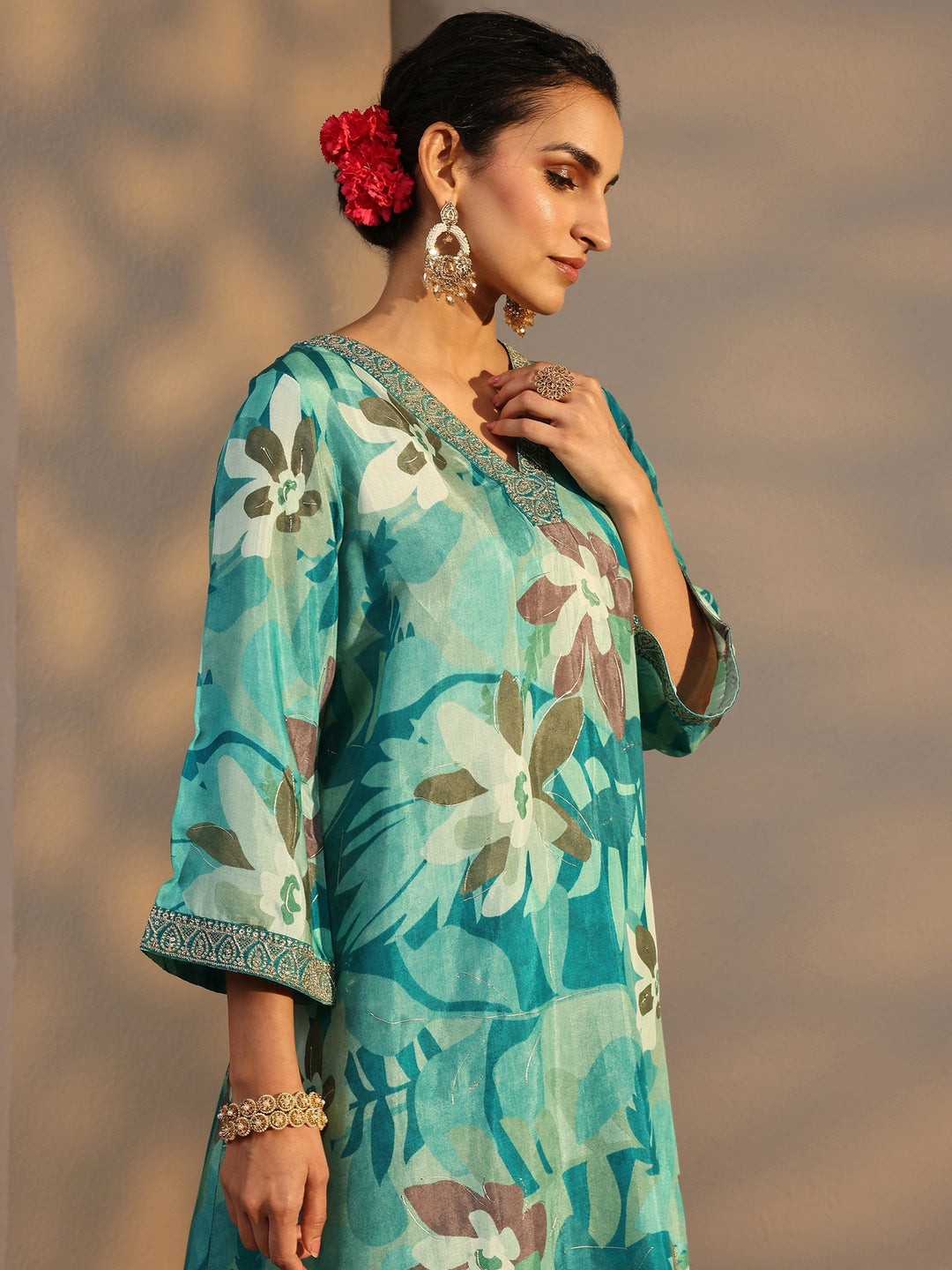 Blue Floral Printed Muslin Co-Ord Set