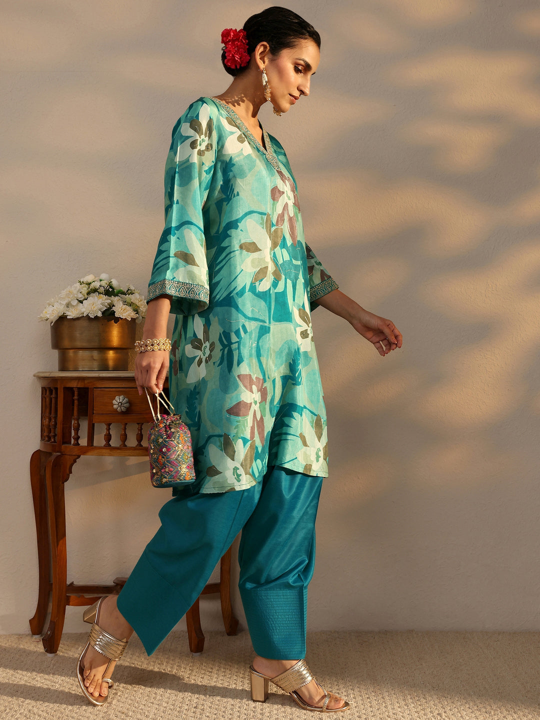 Blue Floral Printed Muslin Co-Ord Set