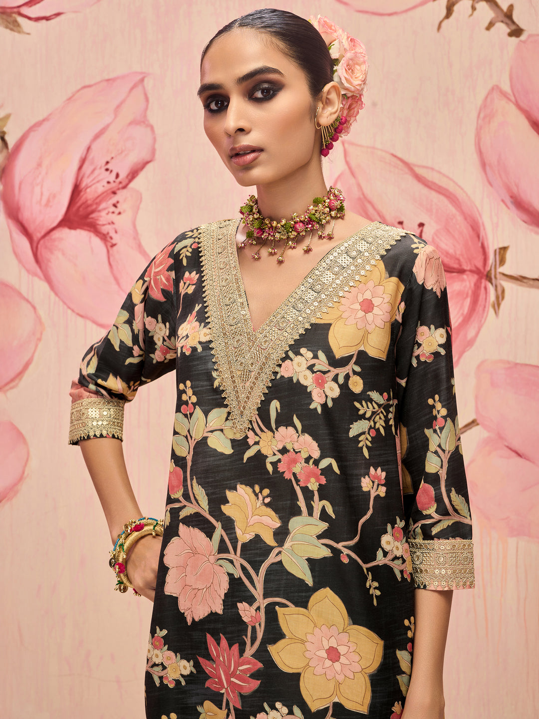 Libas Pankhuri Black Floral Printed Silk Blend Co-Ord Set