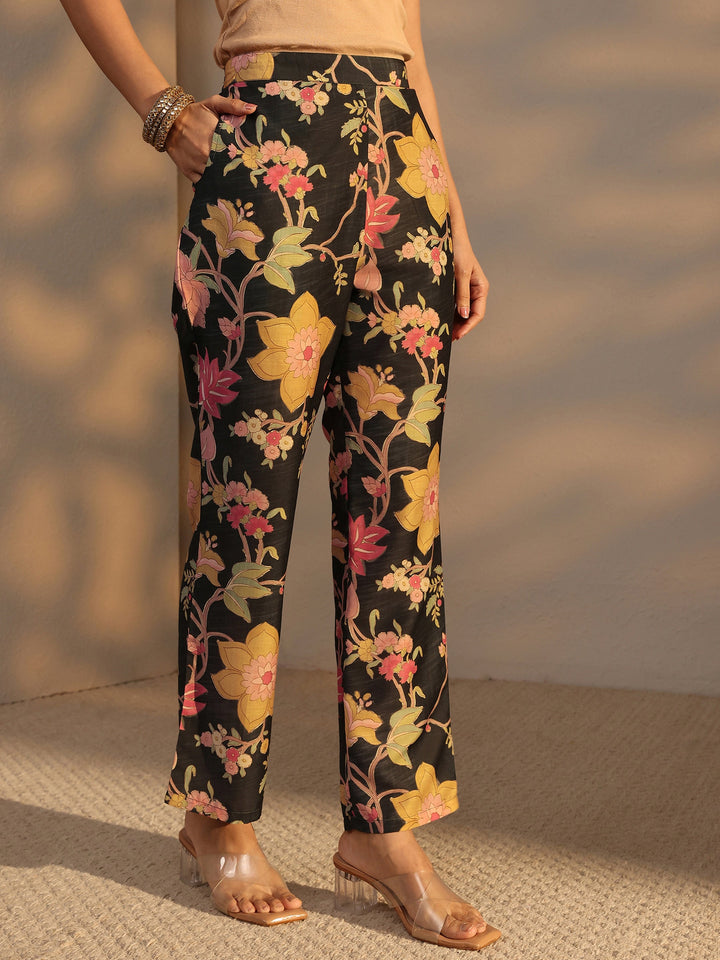 Black Floral Printed Silk Blend Co-Ord Set