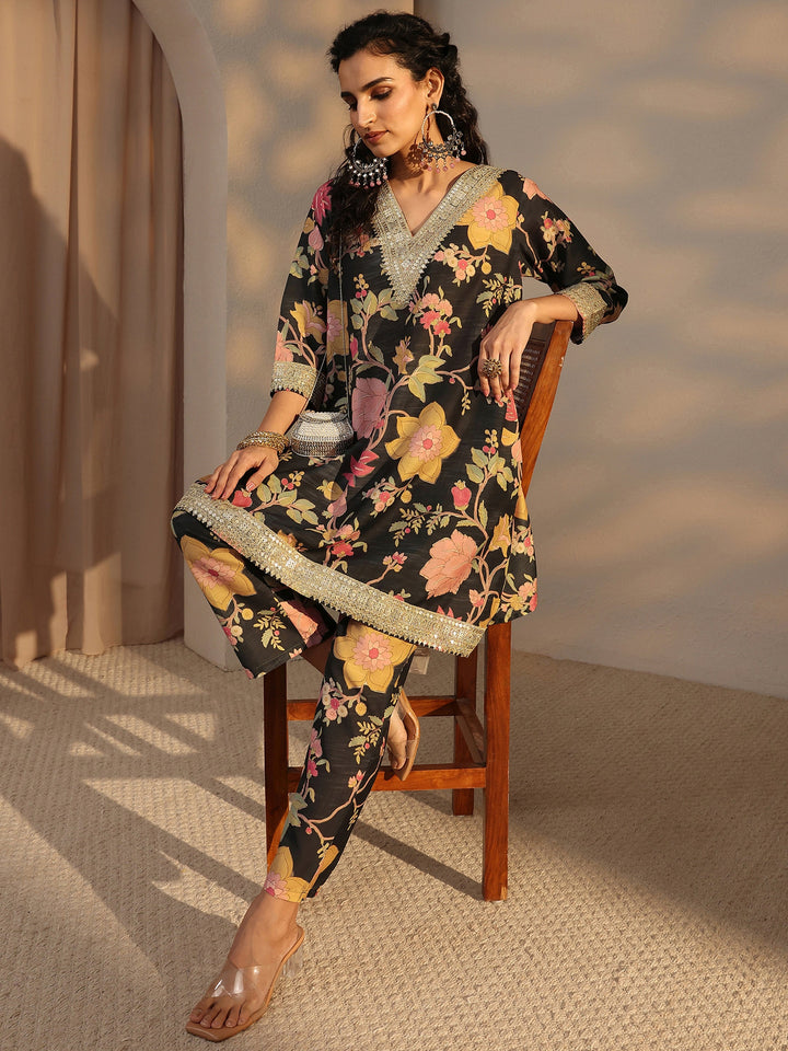 Black Floral Printed Silk Blend Co-Ord Set