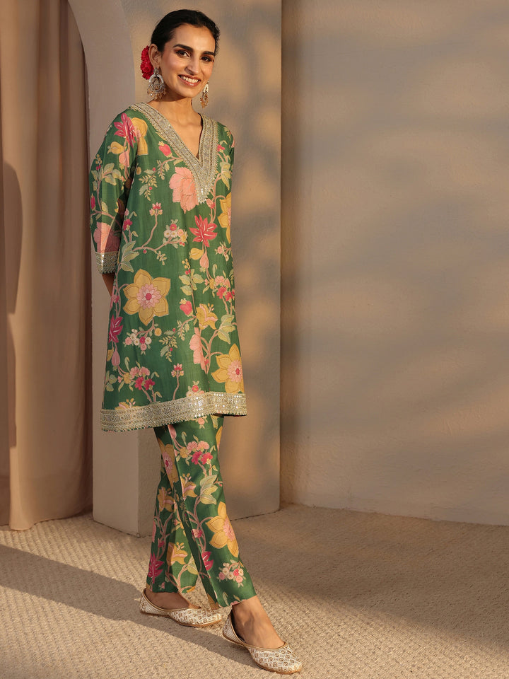 Green Floral Printed Silk Blend Co-Ord Set