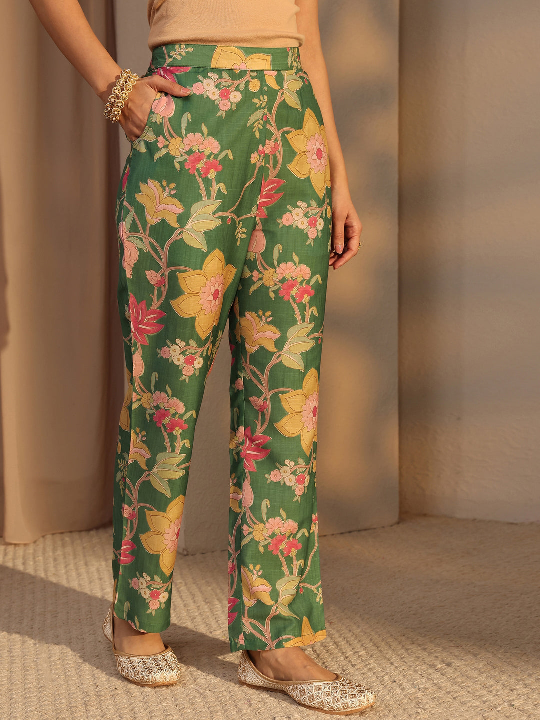 Green Floral Printed Silk Blend Co-Ord Set